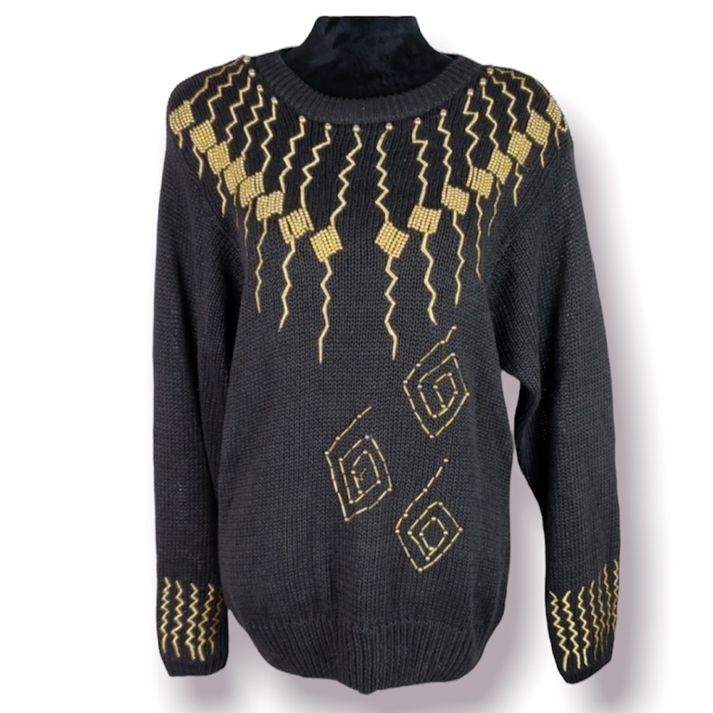 Vintage Beaded Black and Gold Sweater M